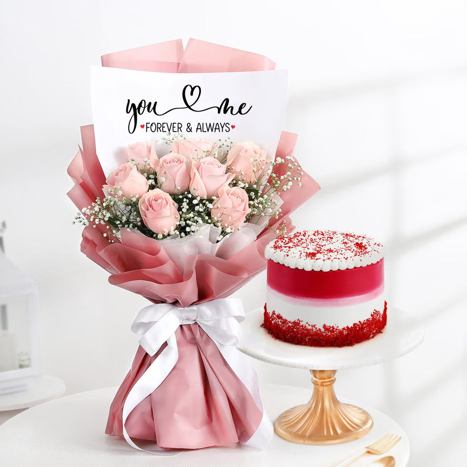 Pink roses bouquet with red velvet cake combo for anniversary and romantic gift delivery