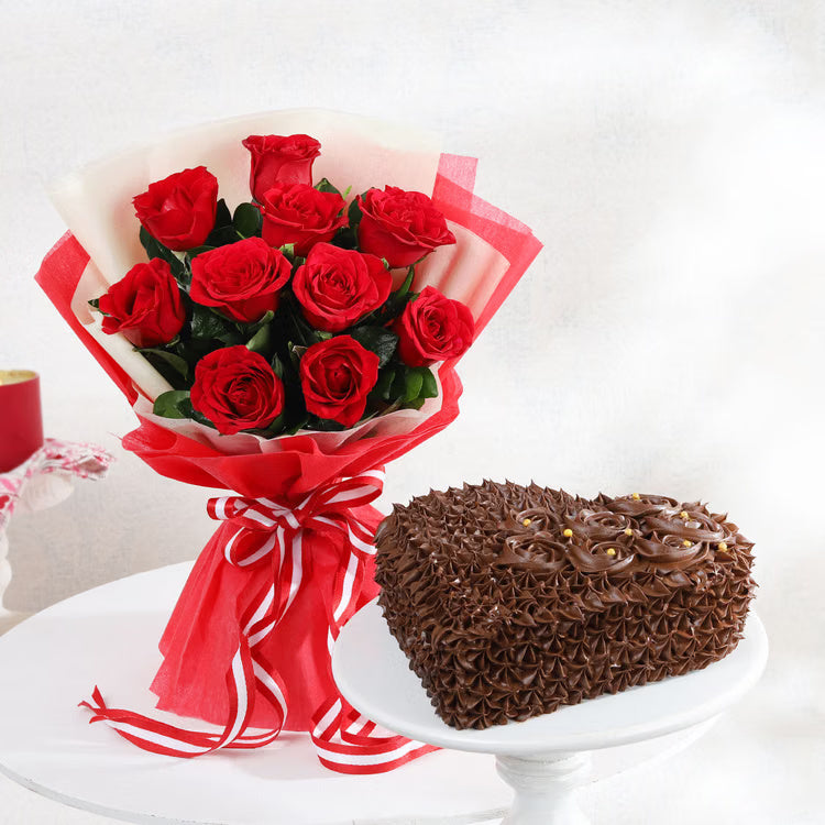 Red roses bouquet with chocolate cake combo for birthday anniversary and romantic gift