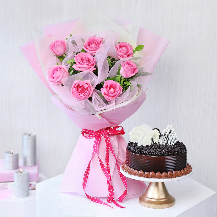 Pink roses bouquet with chocolate cake combo for birthday anniversary and sweet gift