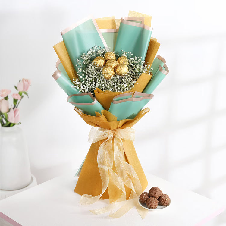 Golden chocolate bouquet with baby’s breath fillers in premium mint gold wrapping for birthday and anniversary gift