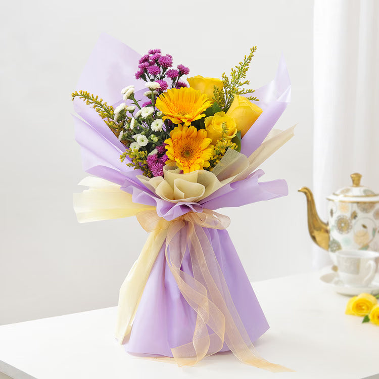 Premium mixed flower bouquet with roses, gerberas, carnations and lavender wrapping