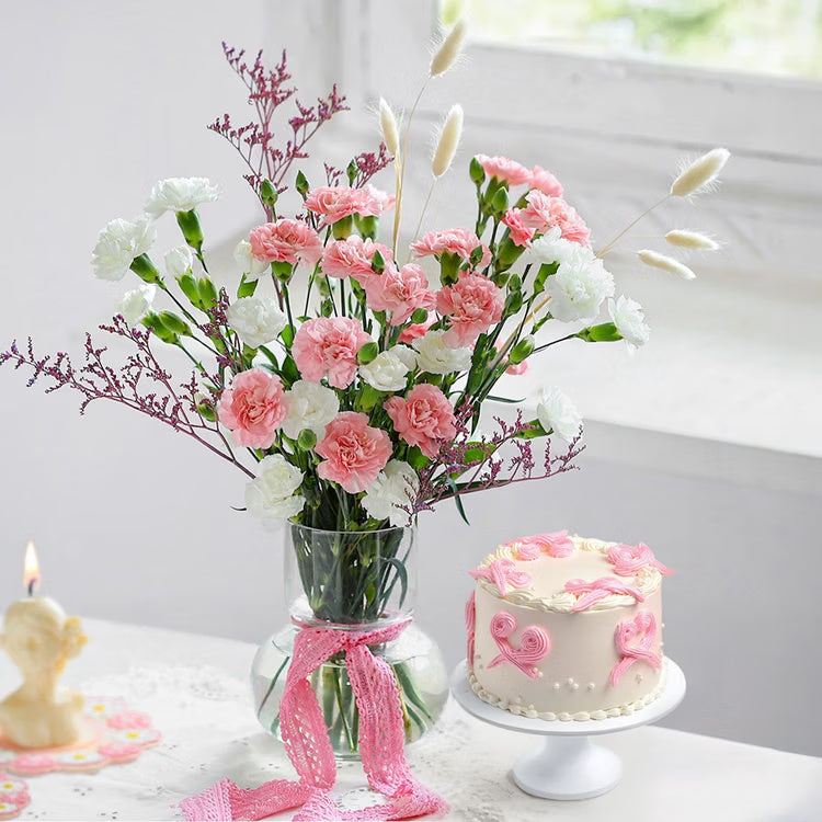Pink and white carnation flower vase with designer cake for birthday anniversary and thank you gift