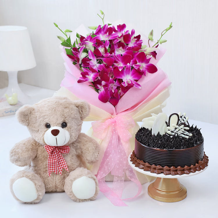 Purple orchid bouquet with teddy bear and chocolate cake for birthday anniversary and romantic gift