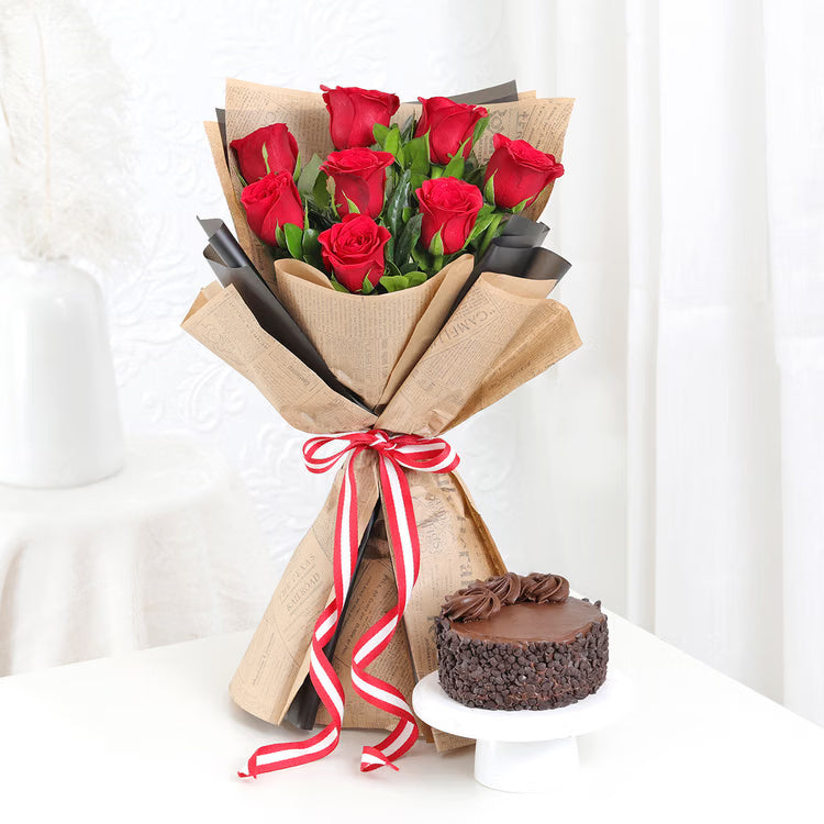 Red roses bouquet with mini chocolate cake for birthday anniversary and romantic gift