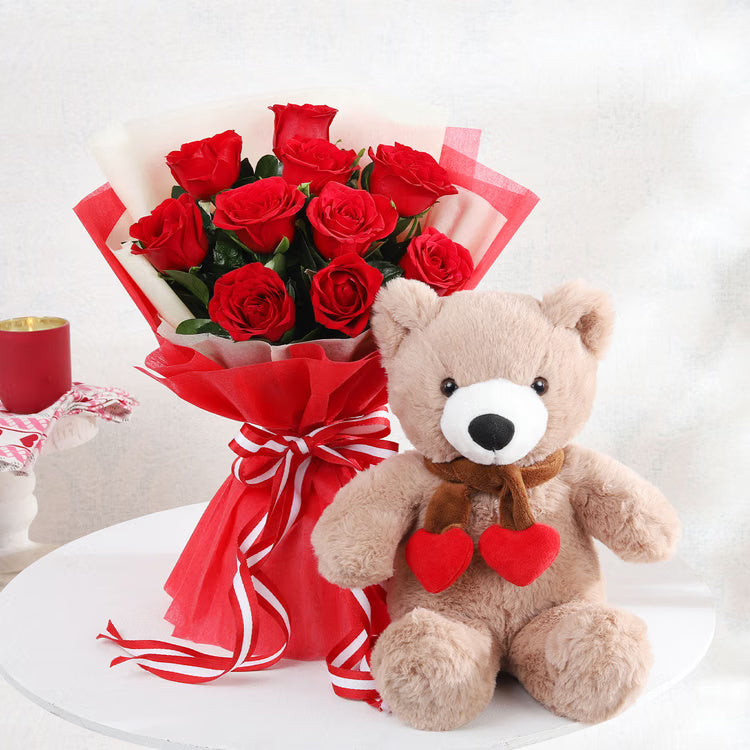 Fresh red roses bouquet with cute teddy bear gift combo for romantic delivery