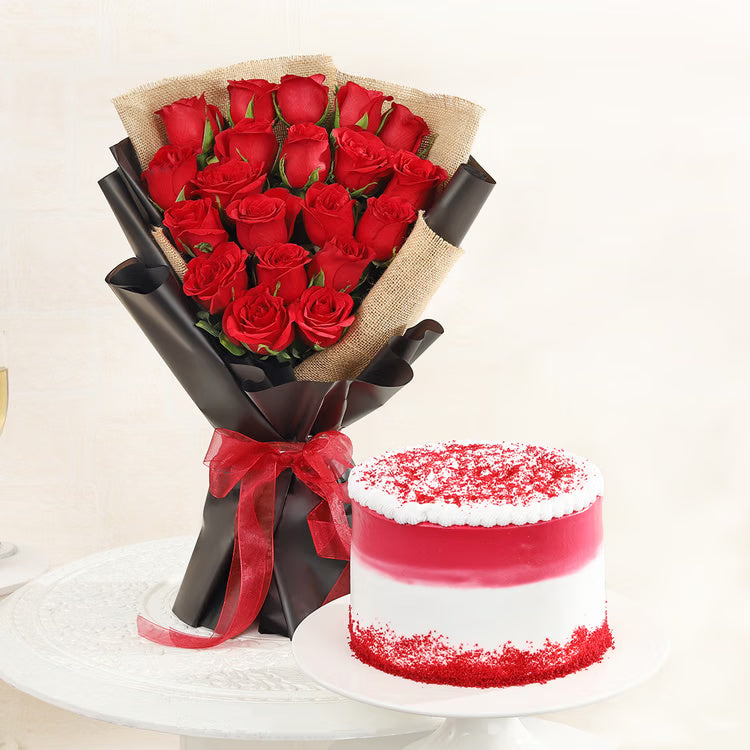 Red roses bouquet with red velvet cake combo for birthday anniversary and romantic gift