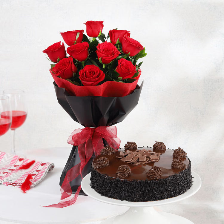Red roses bouquet with chocolate cake combo for birthday anniversary and romantic gift