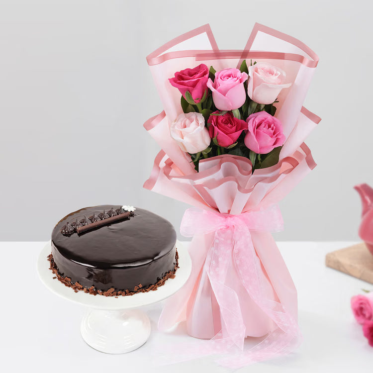 Pink and white roses bouquet with chocolate truffle cake for birthday anniversary and romantic gift