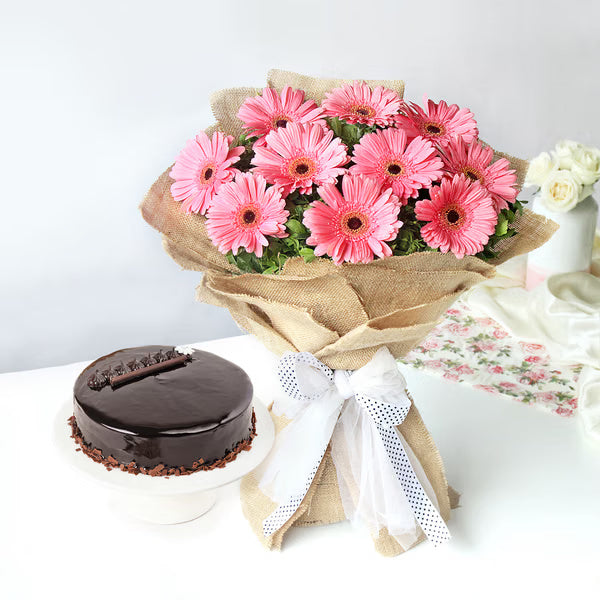 Pink gerbera bouquet with chocolate truffle cake for birthday and anniversary gift