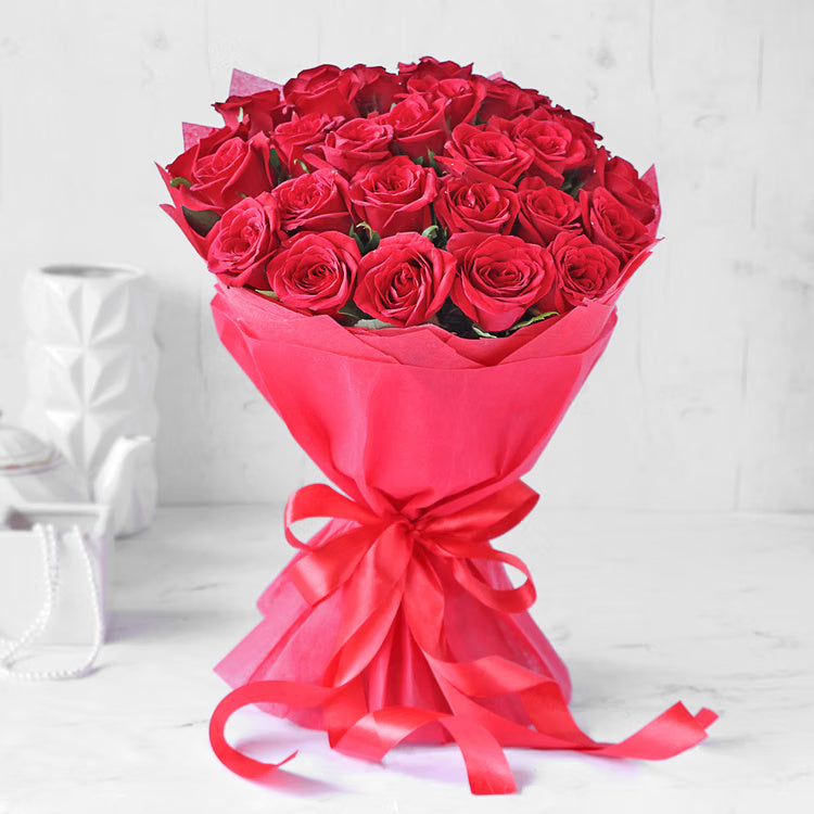 25 fresh red roses bouquet in red wrapping for anniversary and romantic gift