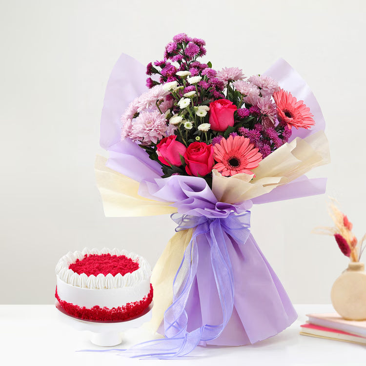 Mixed flower bouquet with red velvet cake combo for birthday and anniversary gift