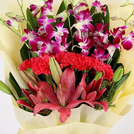 orchid lily carnation bouquet exotic premium flower arrangement