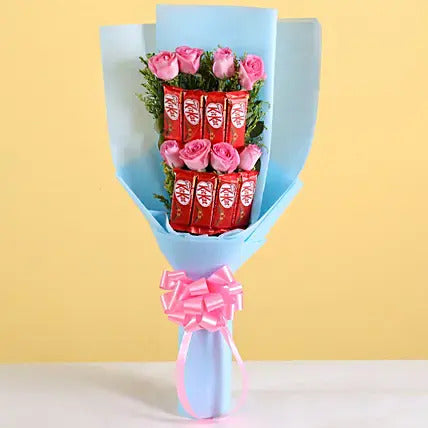 Pink roses bouquet with KitKat chocolates flower chocolate bouquet combo gift