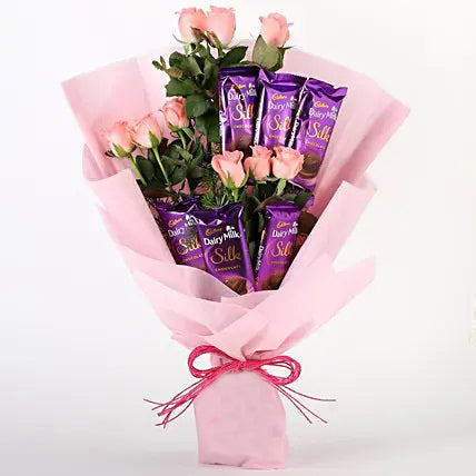 pink roses dairy milk silk chocolate bouquet gift