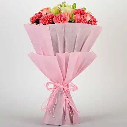 pink carnations and white lily bouquet premium flower gift