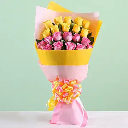 Yellow and pink roses bouquet cheerful flower gift