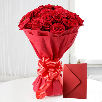red roses bouquet with greeting card romantic gift