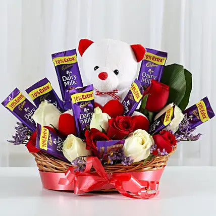 Romantic Teddy Bear, Roses and Dairy Milk Chocolate Gift Basket