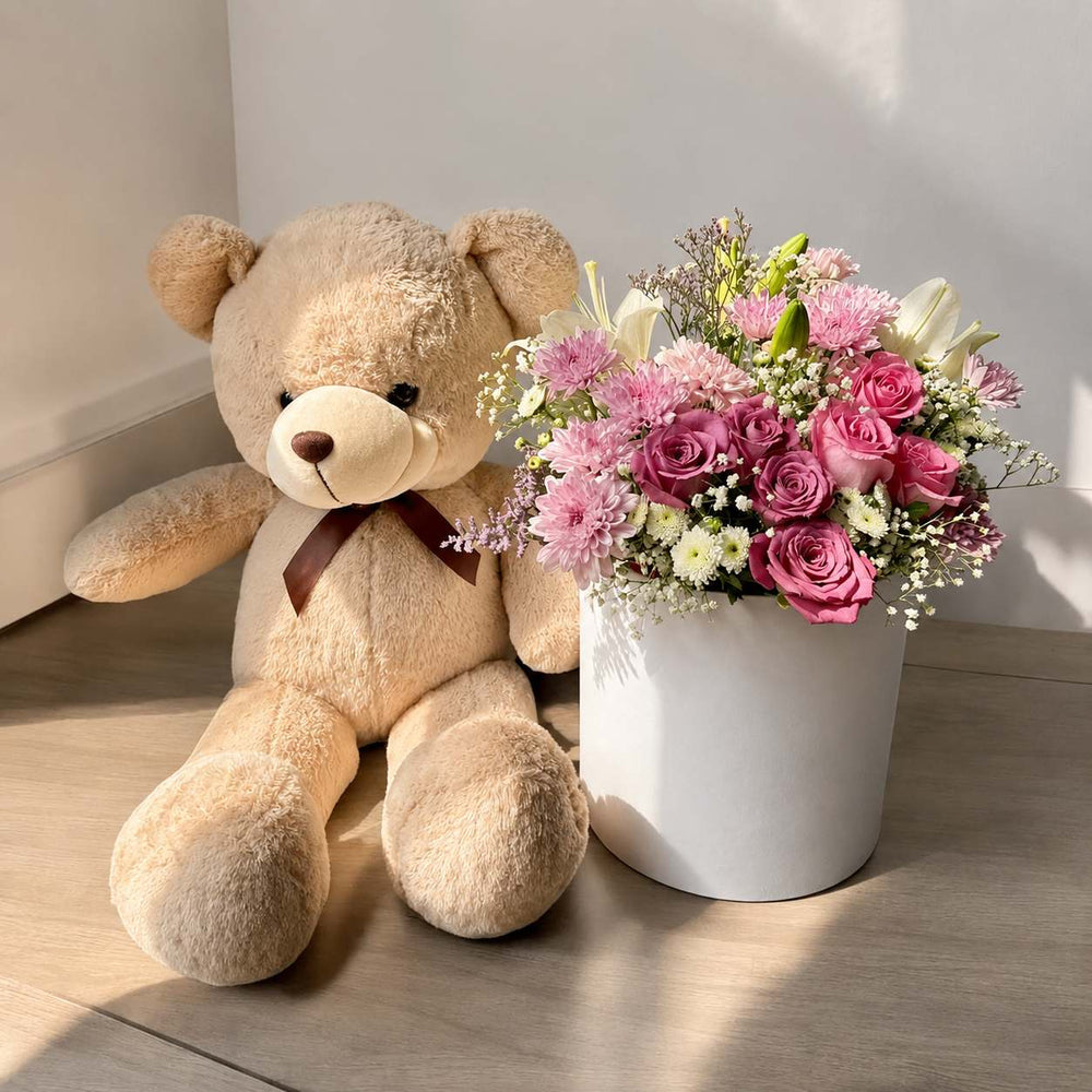 Pink flower box with teddy bear for birthday and anniversary gift
