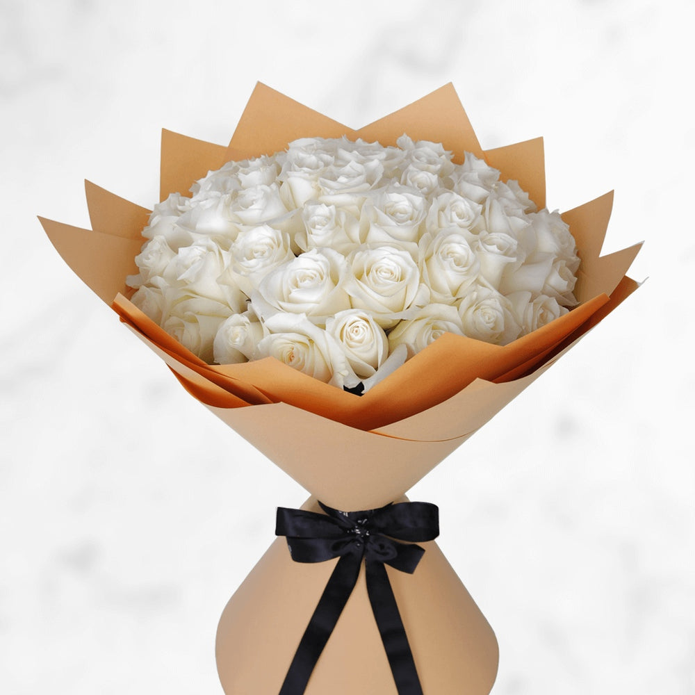 Luxury Bouquet of 50 Fresh White Roses Wrapped in Premium Paper