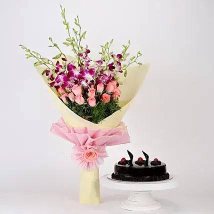 Orchid rose bouquet with chocolate truffle cake