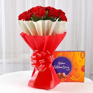 12 red carnations bouquet cadbury celebrations box