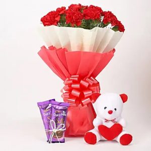 12 red carnations with dairy milk silk teddy bear