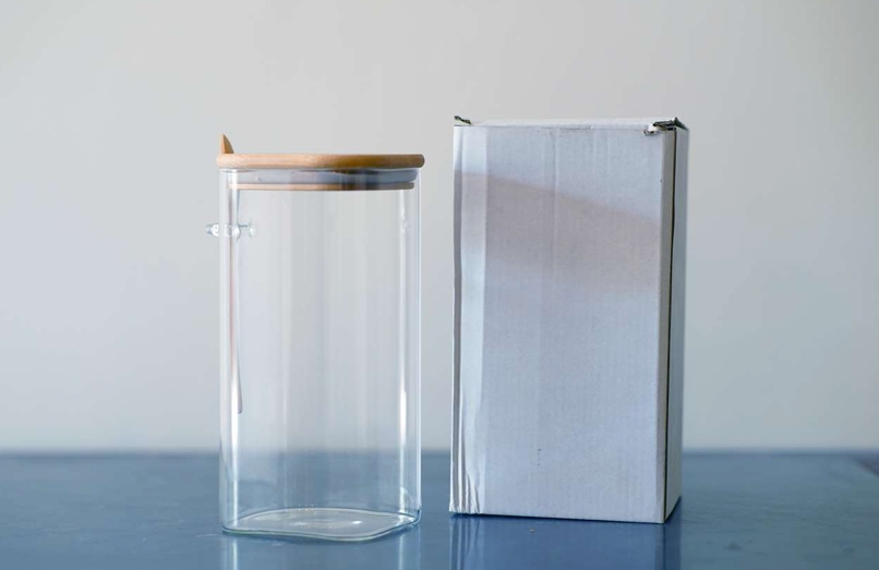 Borosil Jar Sq Big + Wood Lid and Spoon