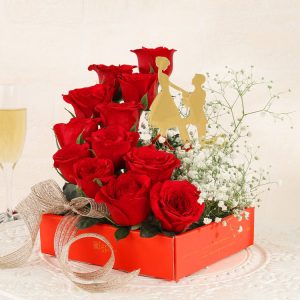 Red roses proposal box with baby’s breath and romantic topper for flower