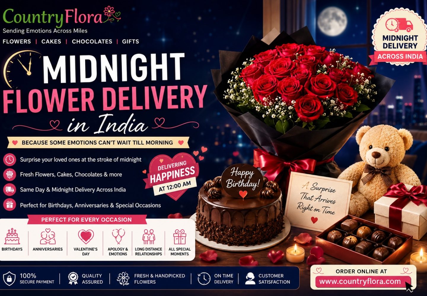 Beautiful midnight flower delivery setup with red rose bouquet, chocolate cake, teddy bear, chocolates, and gift box for birthday and anniversary surprises in India.