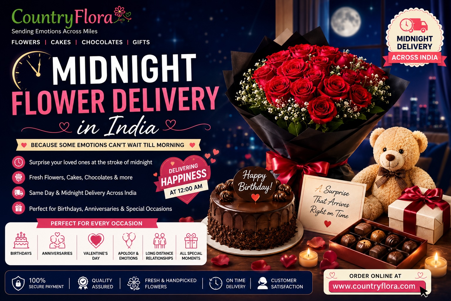 Beautiful midnight flower delivery setup with red rose bouquet, chocolate cake, teddy bear, chocolates, and gift box for birthday and anniversary surprises in India.