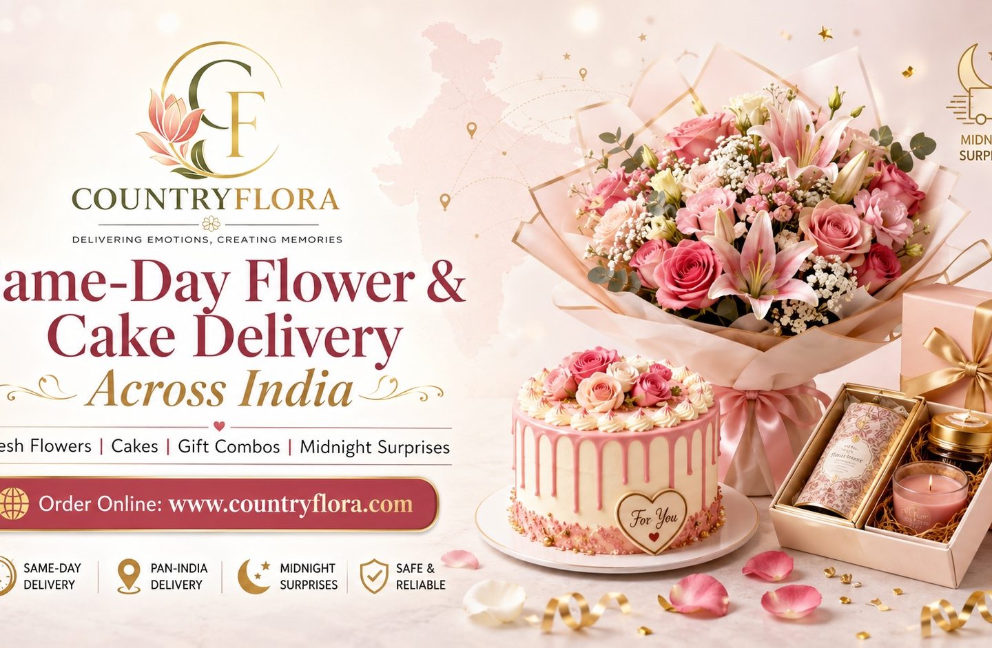 Same-day flower and cake delivery across India with fresh flowers, celebration cake, gift combos, midnight surprises and online ordering.
