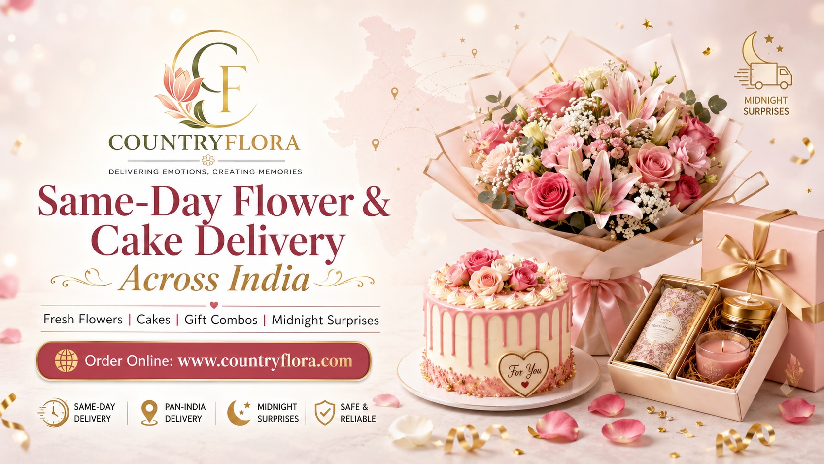 Same-day flower and cake delivery across India with fresh flowers, celebration cake, gift combos, midnight surprises and online ordering.