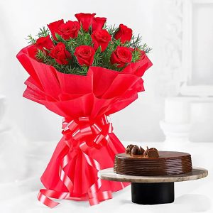 Red roses bouquet with chocolate truffle cake combo for birthday and anniversary gift
