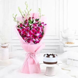 Purple orchid bouquet with designer cake for birthday anniversary and premium gift