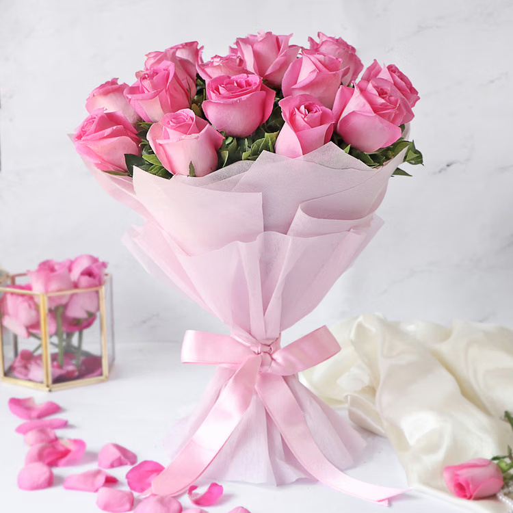 15 fresh pink roses bouquet in soft pink wrapping for gift delivery