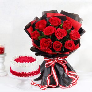 Red roses bouquet with red velvet cake combo for romantic gift delivery