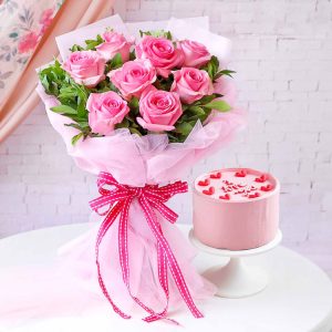 Pink roses bouquet with I Love You bento cake for romantic gift delivery