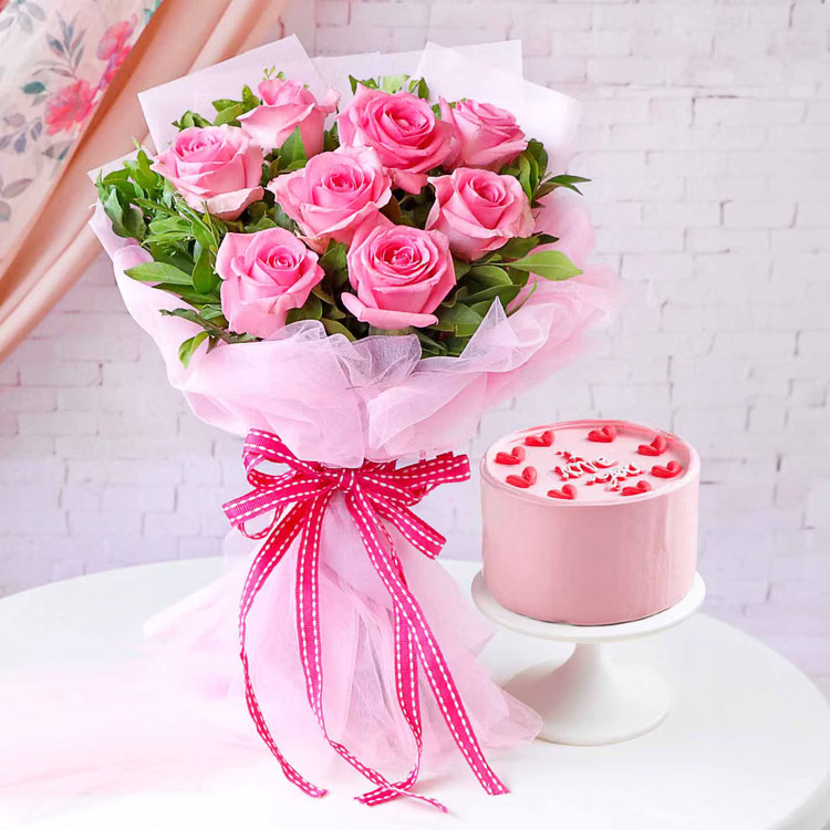 Pink roses bouquet with I Love You bento cake for romantic gift delivery