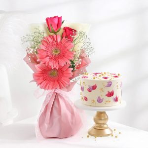 Pink gerbera and rose bouquet with floral designer cake for same day gift delivery India