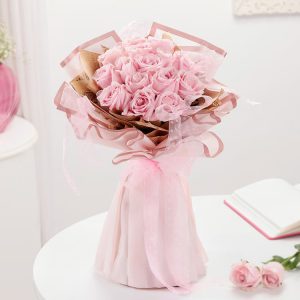15 Sweet Avalanche pink roses bouquet in premium pink wrapping for flower delivery India
