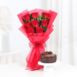 Red Rose Chocolate Cake Combo with fresh red roses bouquet and chocolate cake