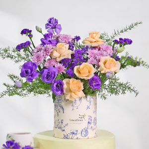 Peach Rose Purple Flower Box with peach roses, purple blooms and lavender flowers