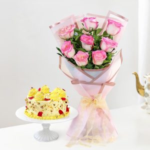Pink Rose Butterscotch Cake Combo with fresh pink roses bouquet and designer cake