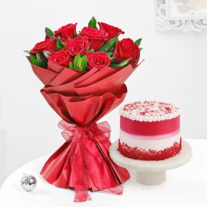 Red Rose Velvet Cake Combo with fresh red roses bouquet and red velvet cake