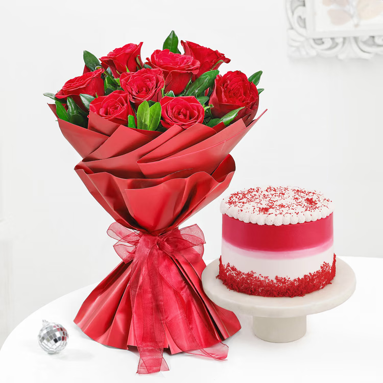 Red Rose Velvet Cake Combo with fresh red roses bouquet and red velvet cake