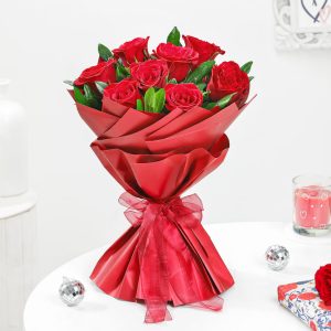 Red Rose Romantic Bouquet with fresh red roses and premium red wrapping