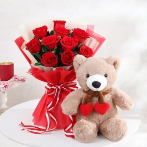 Fresh red roses bouquet with cute teddy bear gift combo for romantic delivery