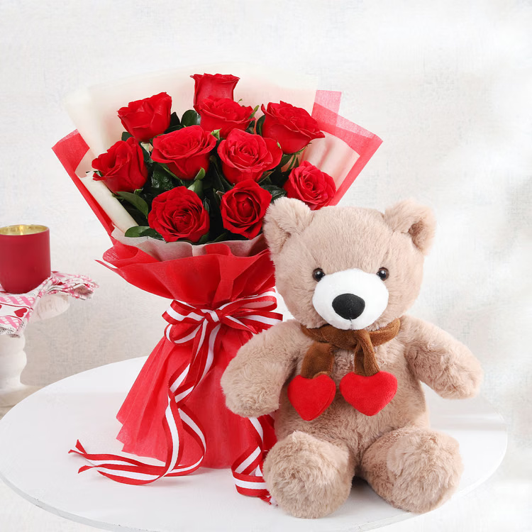 Fresh red roses bouquet with cute teddy bear gift combo for romantic delivery